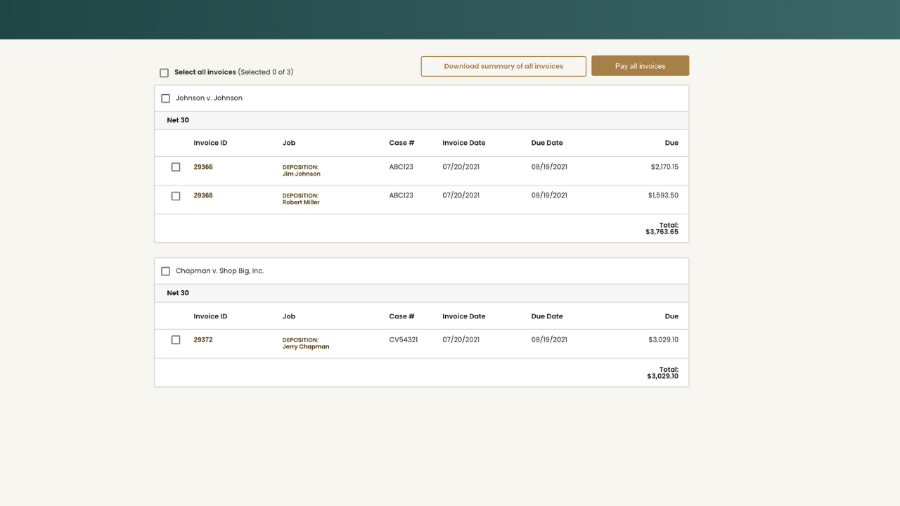 View, pay and group invoices directly in Steno's firm dashboard.