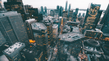 A view of a city looking down from the sky.