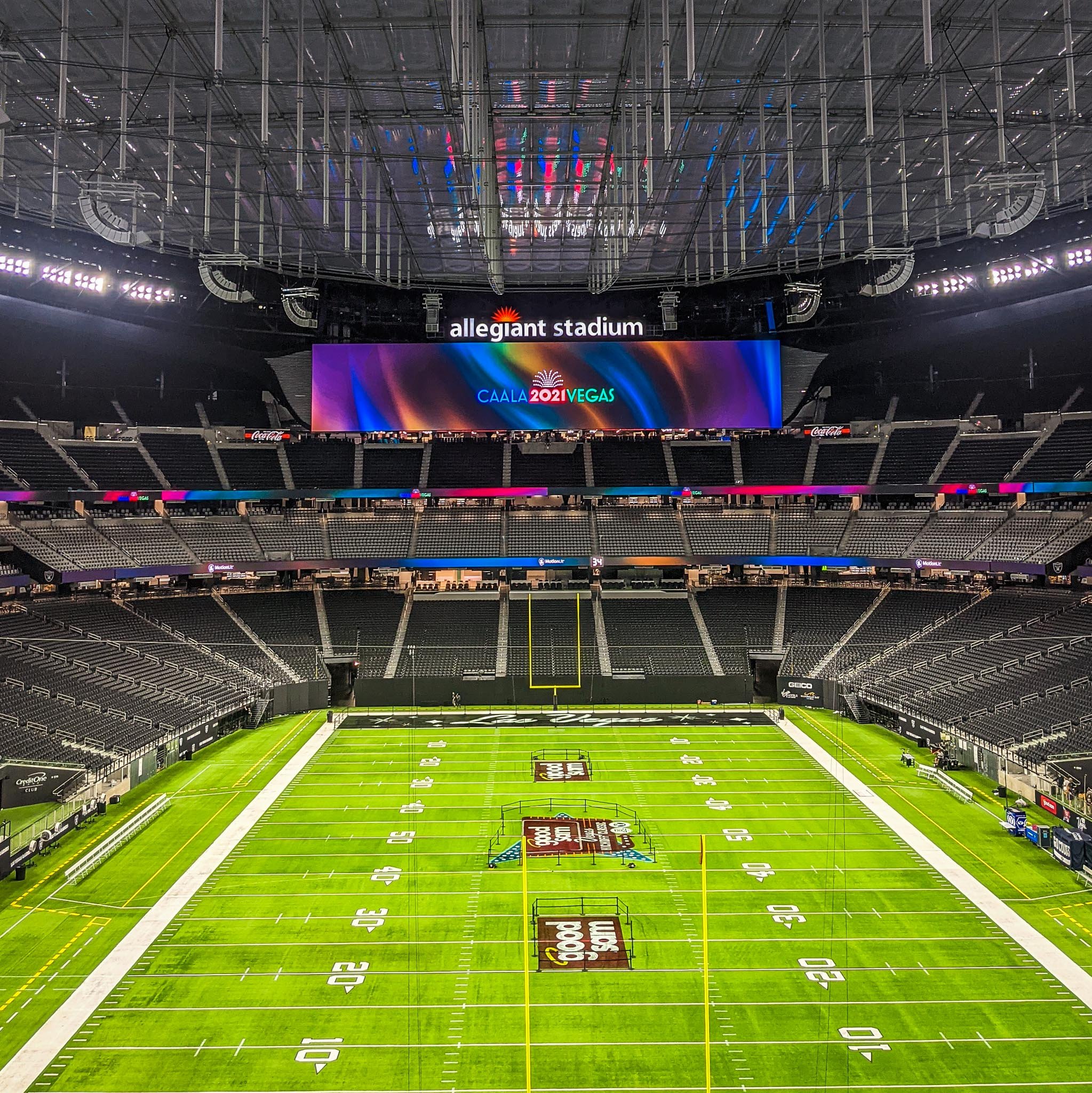 A view of the Allegiant Stadium field from above.