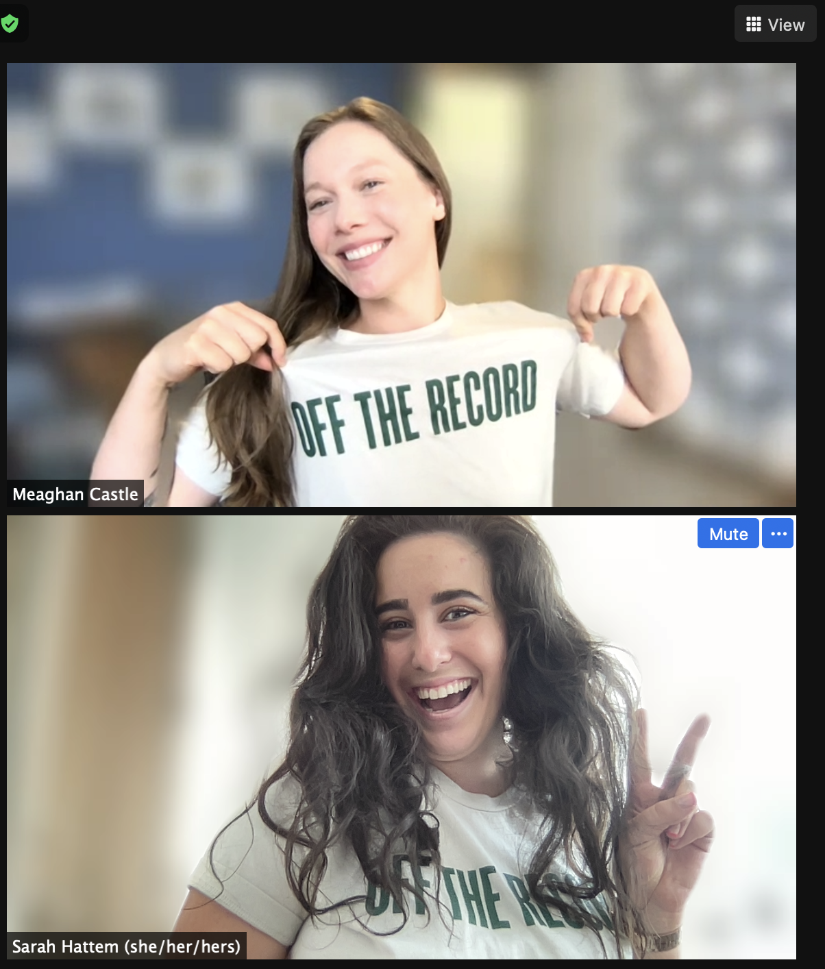 Two women on a Zoom call wearing shirts that say "off the record"